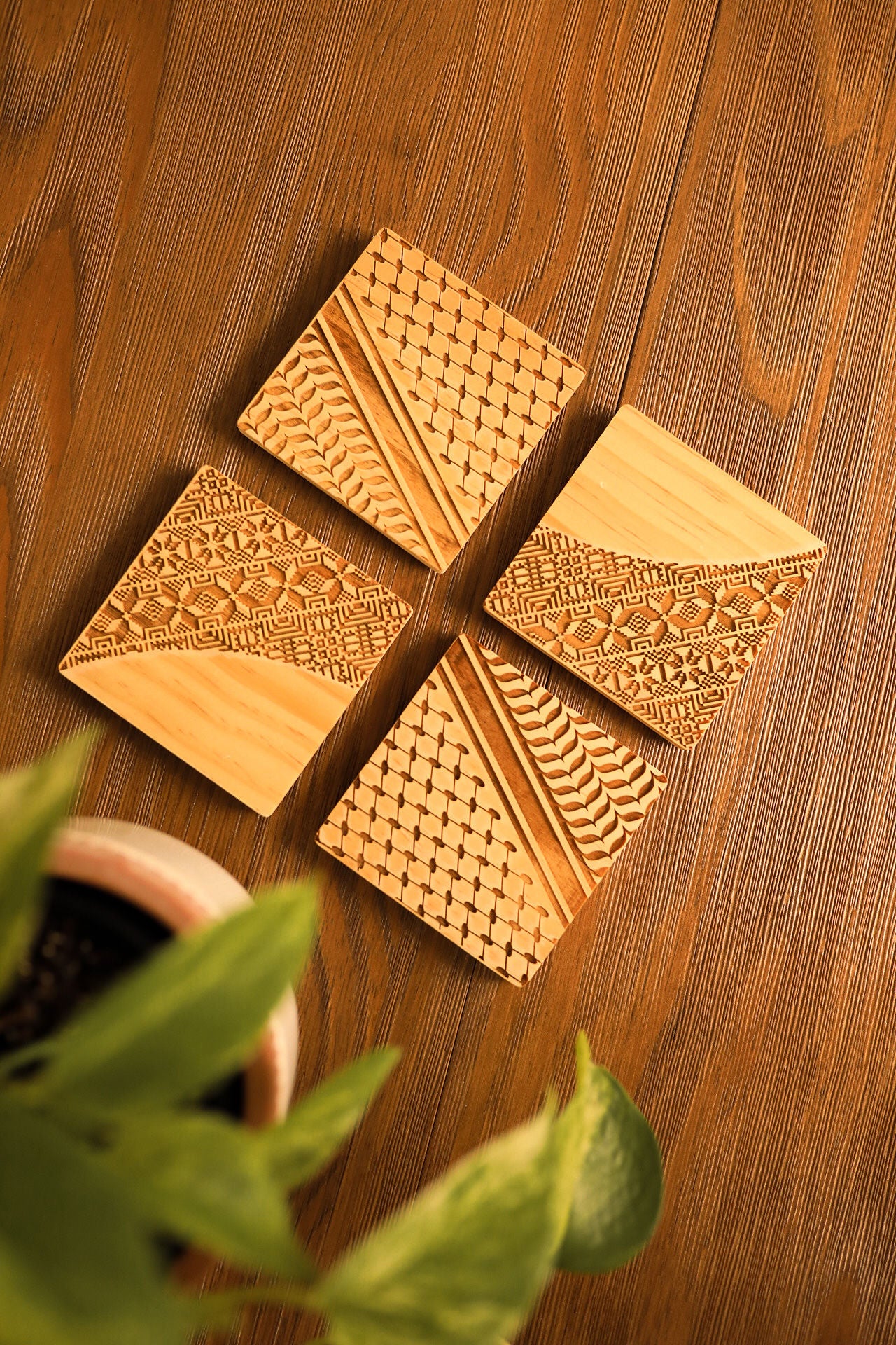 Square Engraved Palestinian Tatreez Coasters (Pack of 4)