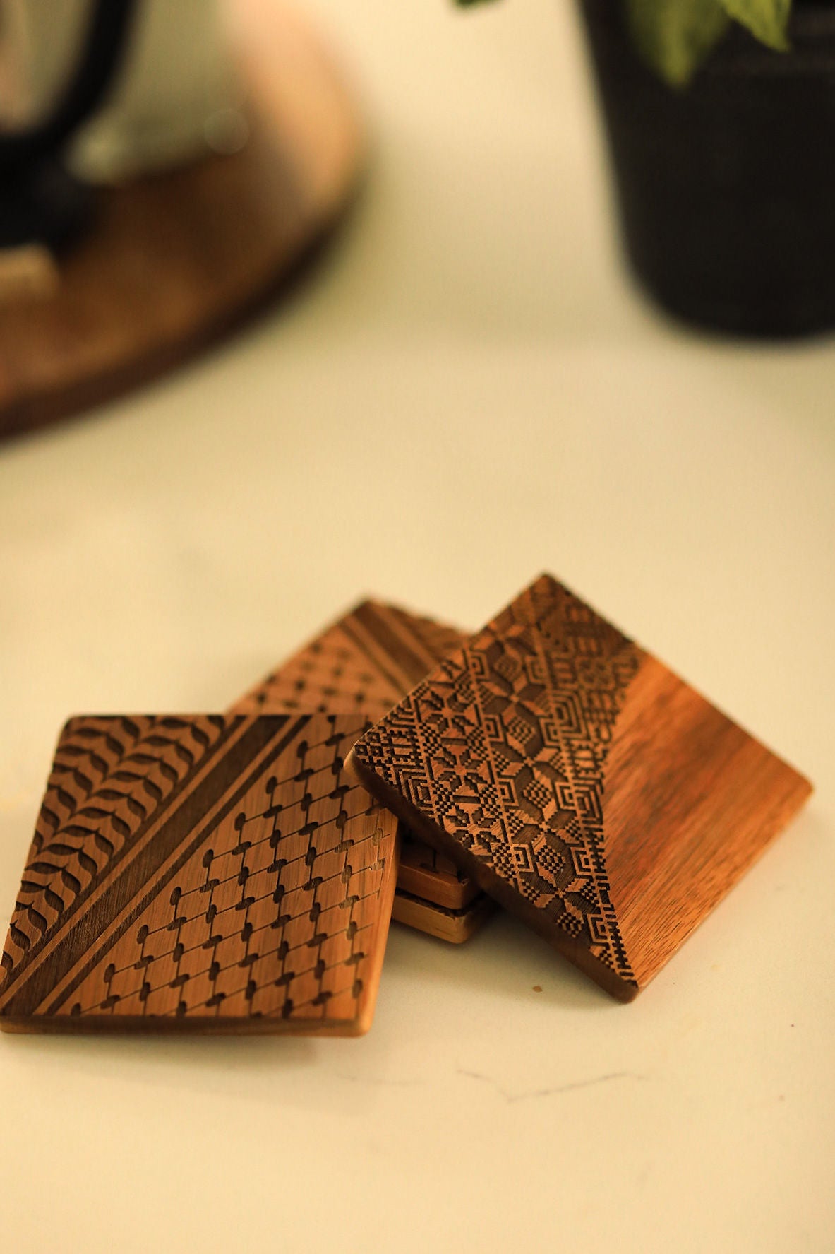 Square Engraved Palestinian Tatreez Coasters (Pack of 4)